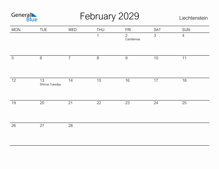 Printable February 2029 Calendar for Liechtenstein