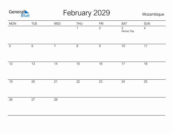 Printable February 2029 Calendar for Mozambique