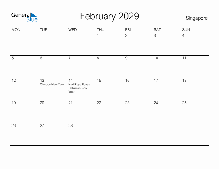 Printable February 2029 Calendar for Singapore