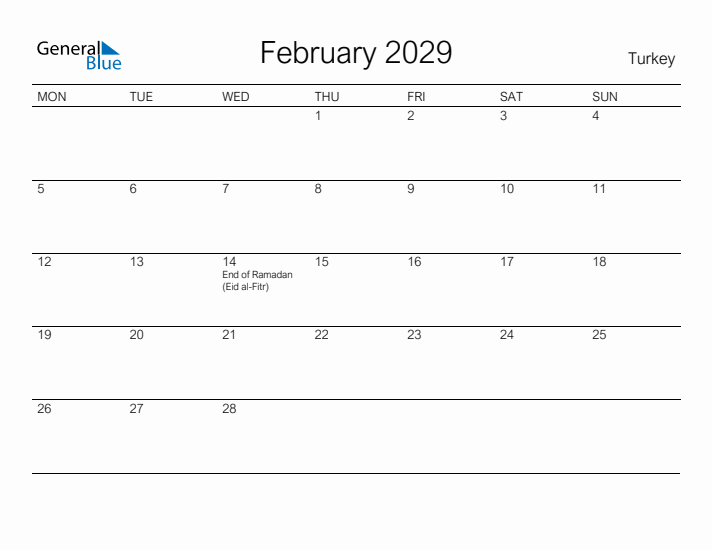 Printable February 2029 Calendar for Turkey