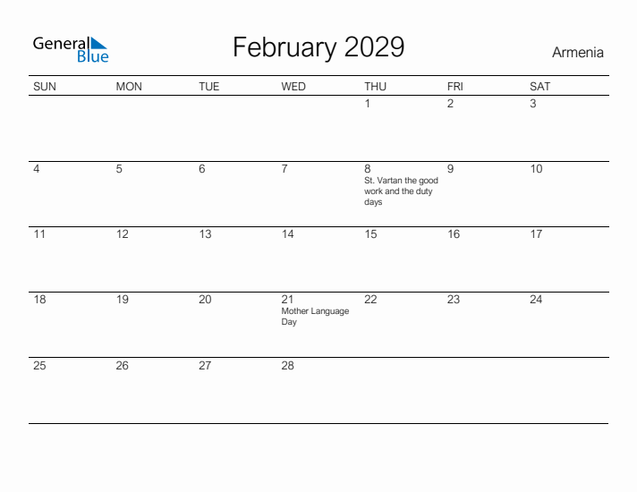 Printable February 2029 Calendar for Armenia