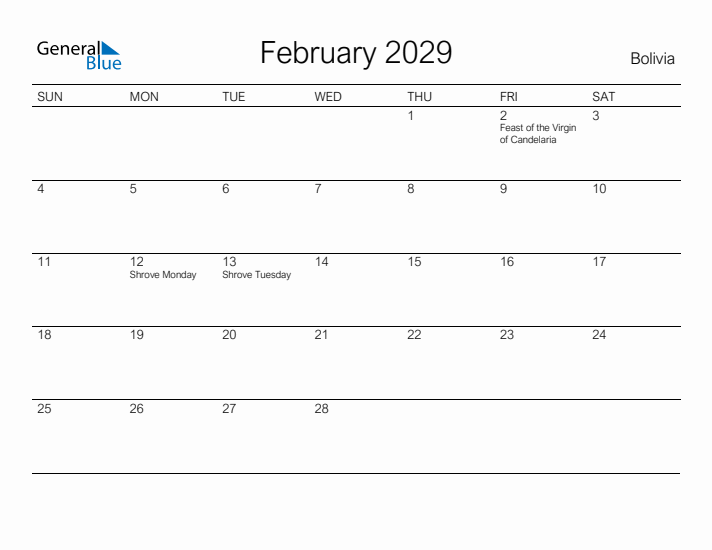 Printable February 2029 Calendar for Bolivia