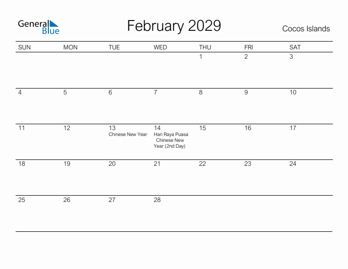 Printable February 2029 Calendar for Cocos Islands