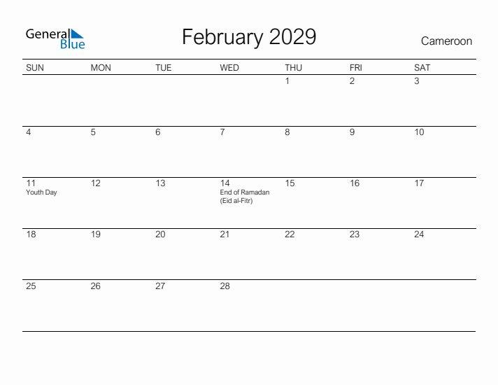 Printable February 2029 Calendar for Cameroon