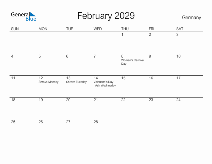 Printable February 2029 Calendar for Germany