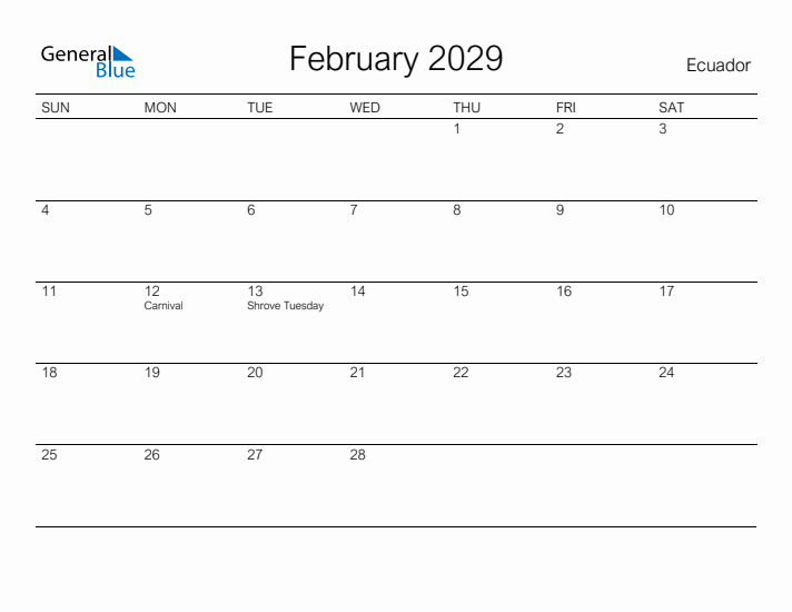 Printable February 2029 Calendar for Ecuador