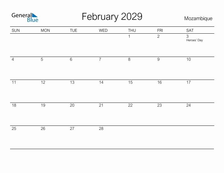 Printable February 2029 Calendar for Mozambique