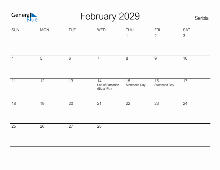 Printable February 2029 Calendar for Serbia