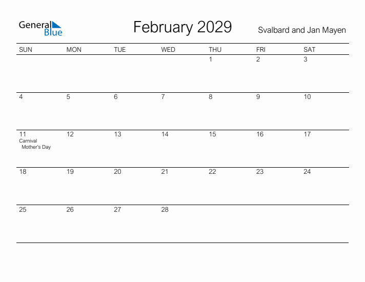 Printable February 2029 Calendar for Svalbard and Jan Mayen