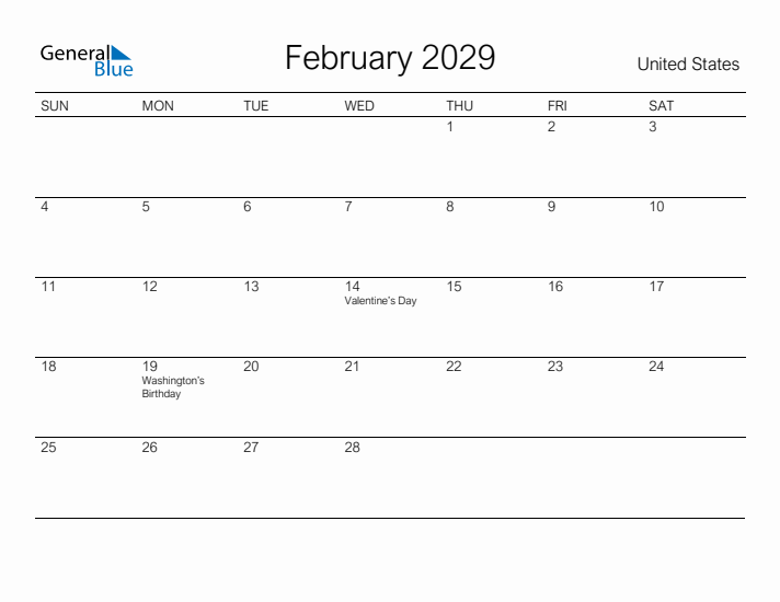 Printable February 2029 Calendar for United States