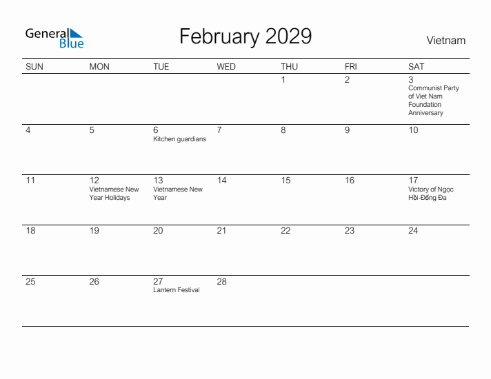 Printable February 2029 Calendar for Vietnam