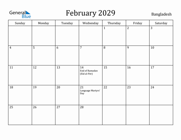 February 2029 Calendar Bangladesh