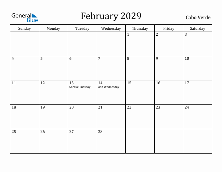 February 2029 Calendar Cabo Verde