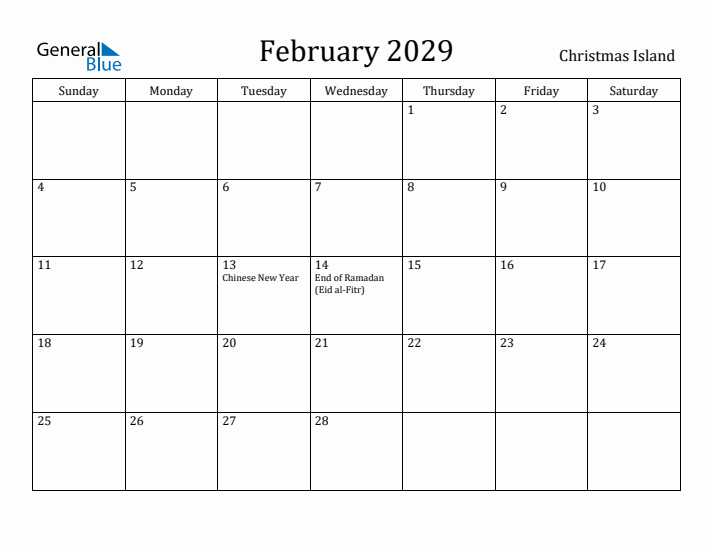 February 2029 Calendar Christmas Island