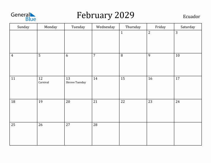 February 2029 Calendar Ecuador