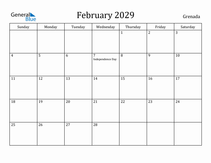 February 2029 Calendar Grenada