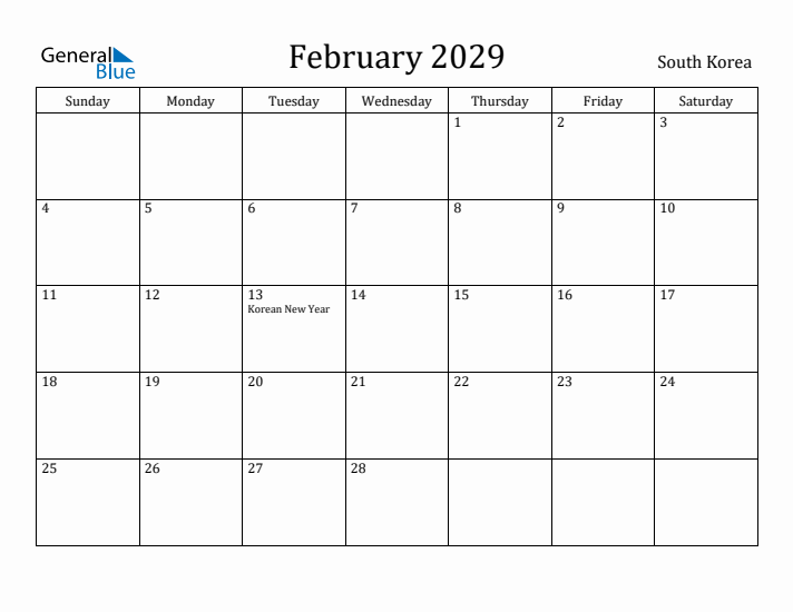 February 2029 Calendar South Korea