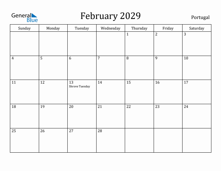 February 2029 Calendar Portugal