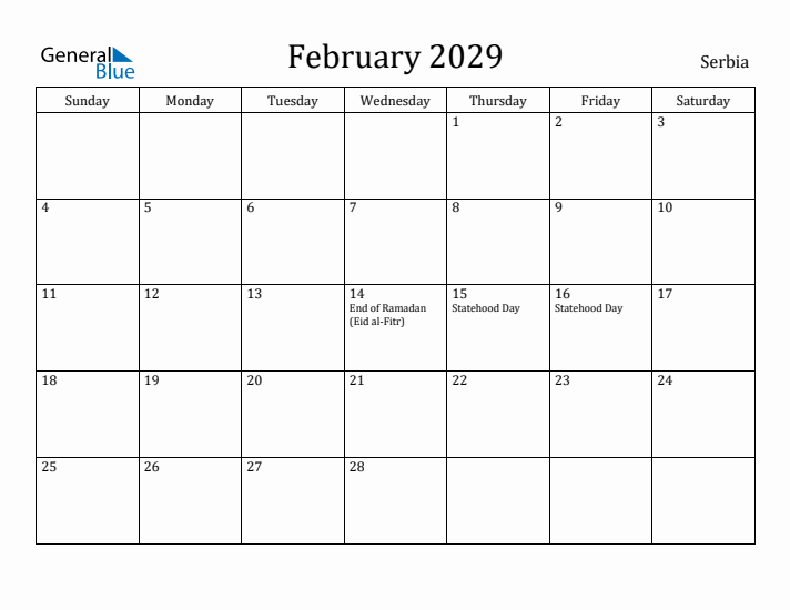 February 2029 Calendar Serbia