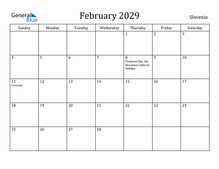 February 2029 Calendar Slovenia