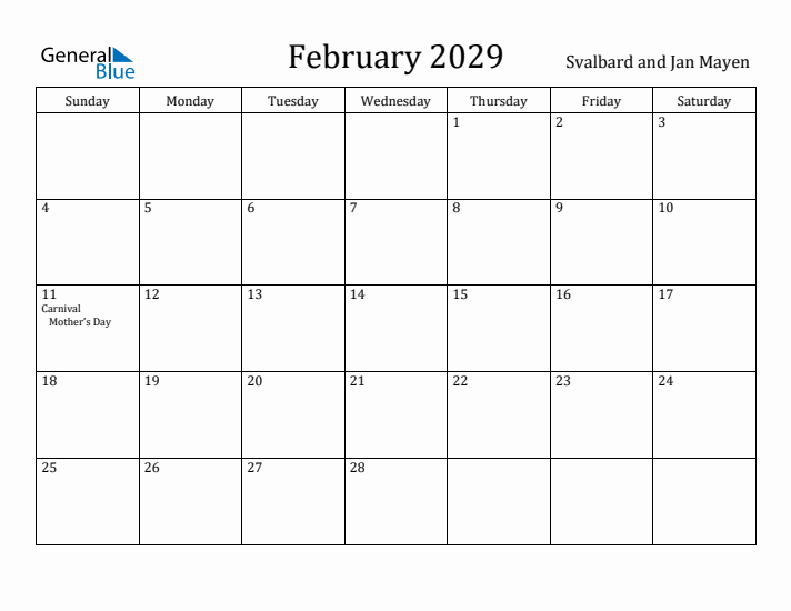 February 2029 Calendar Svalbard and Jan Mayen