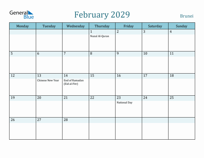 February 2029 Calendar with Holidays