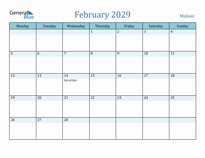 February 2029 Calendar with Holidays