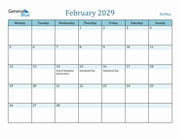 February 2029 Calendar with Holidays