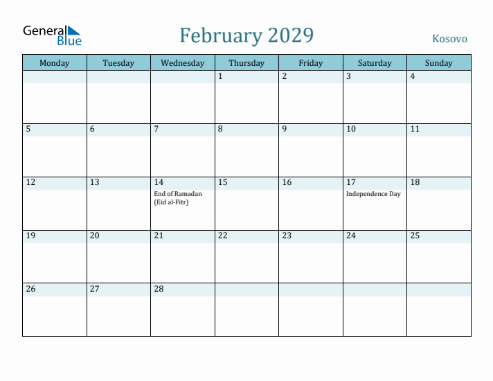 February 2029 Calendar with Holidays