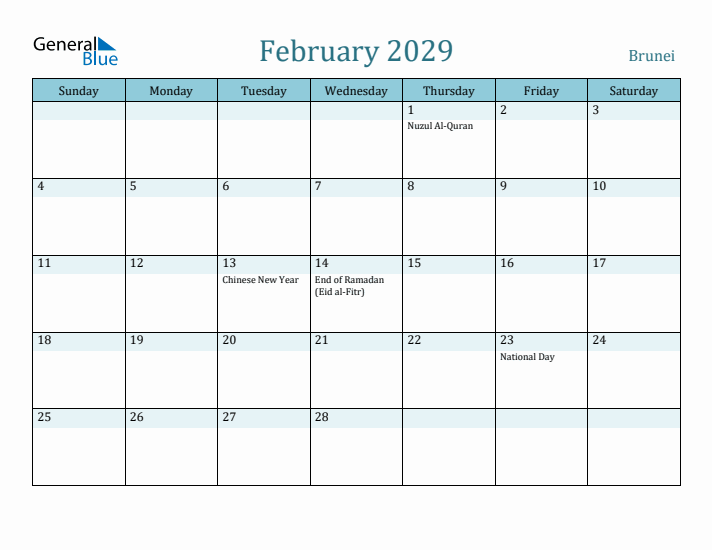 February 2029 Calendar with Holidays