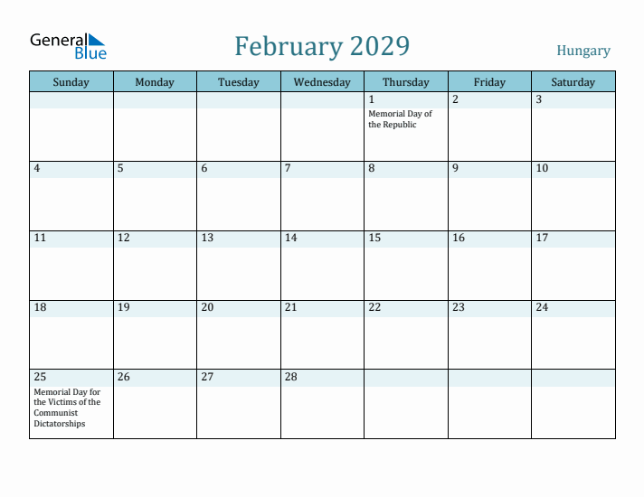 February 2029 Calendar with Holidays