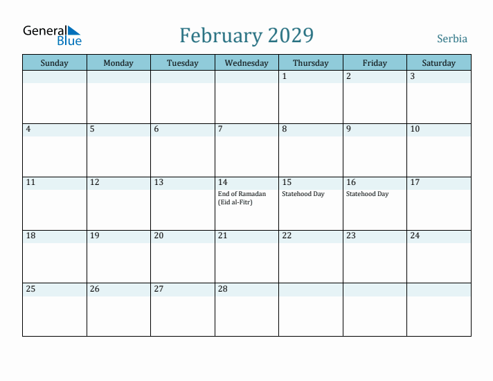 February 2029 Calendar with Holidays