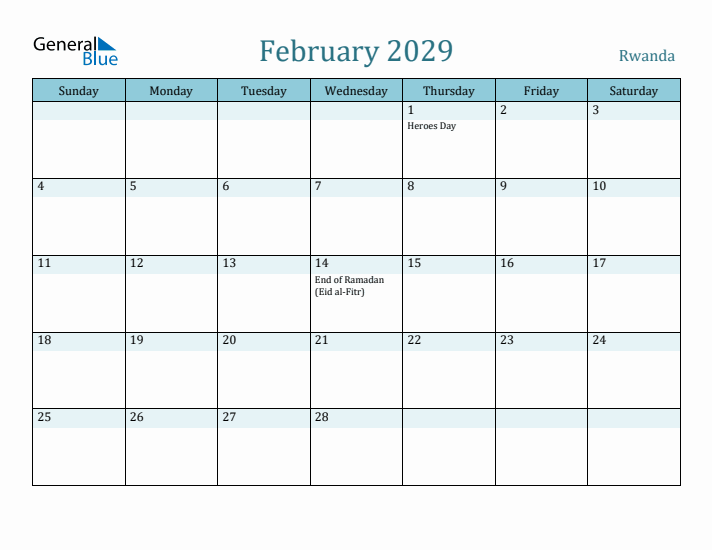 February 2029 Calendar with Holidays