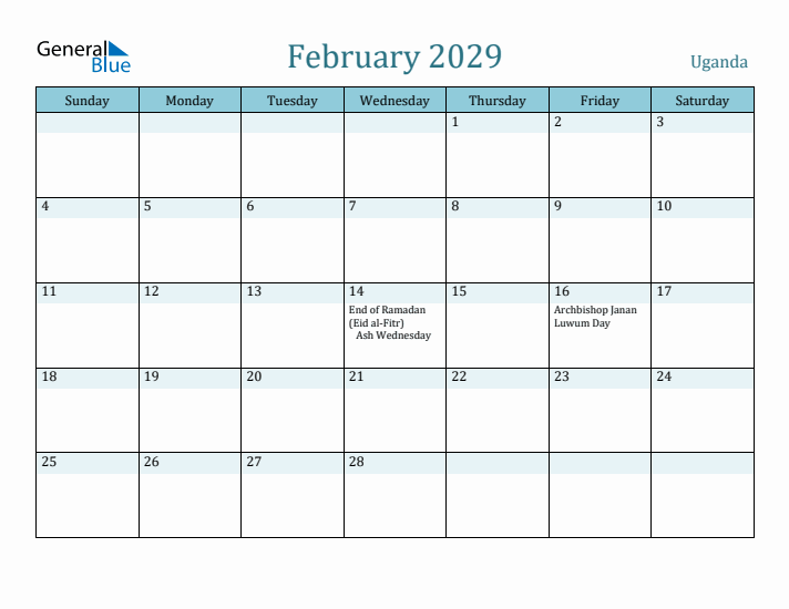 February 2029 Calendar with Holidays