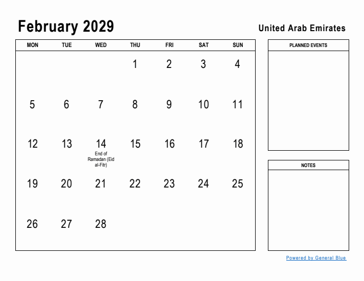 February 2029 Printable Monthly Calendar with United Arab Emirates Holidays