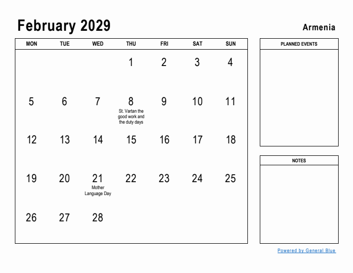 February 2029 Printable Monthly Calendar with Armenia Holidays