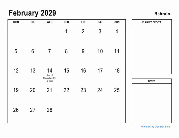 February 2029 Printable Monthly Calendar with Bahrain Holidays