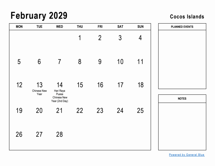 February 2029 Printable Monthly Calendar with Cocos Islands Holidays