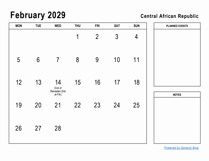 February 2029 Printable Monthly Calendar with Central African Republic Holidays