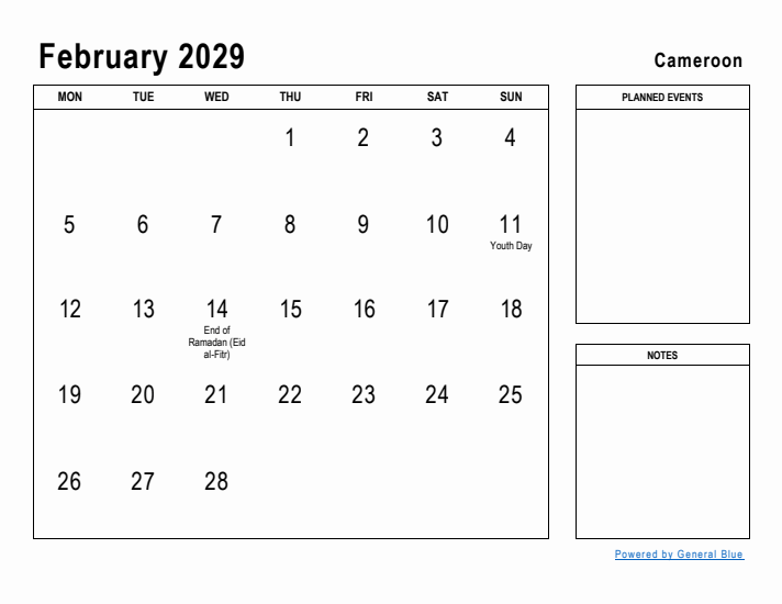 February 2029 Printable Monthly Calendar with Cameroon Holidays