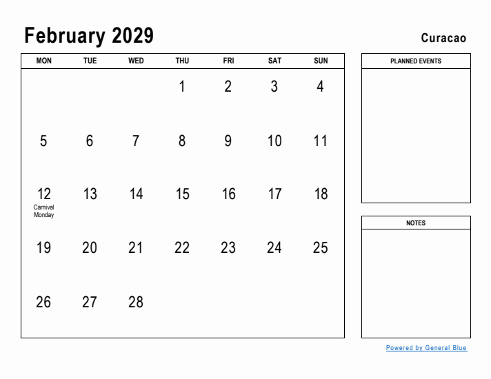 February 2029 Printable Monthly Calendar with Curacao Holidays