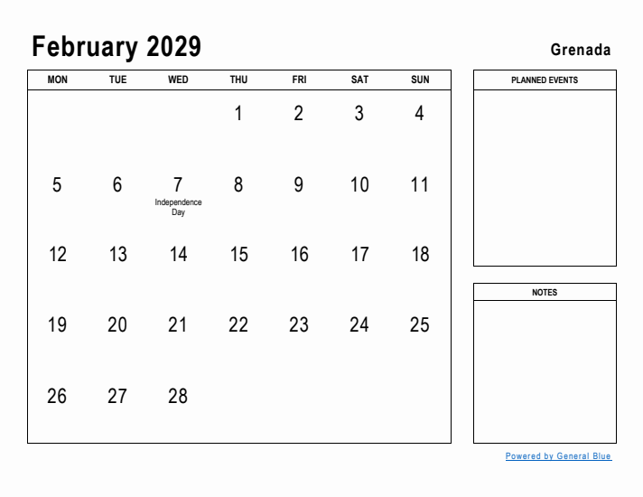 February 2029 Printable Monthly Calendar with Grenada Holidays