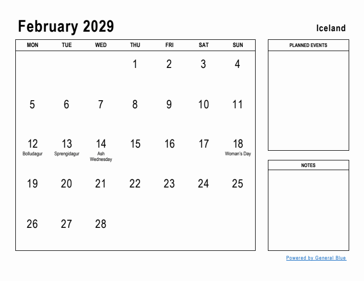 February 2029 Printable Monthly Calendar with Iceland Holidays