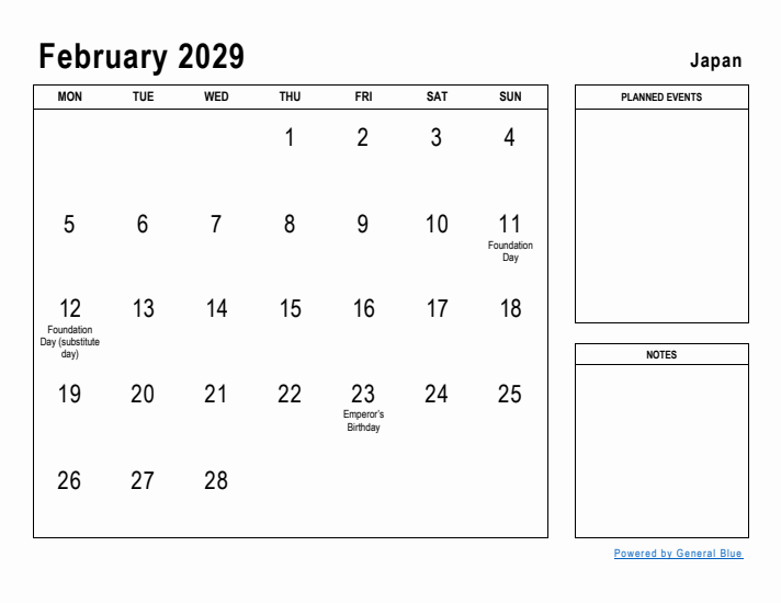 February 2029 Printable Monthly Calendar with Japan Holidays