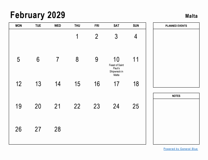 February 2029 Printable Monthly Calendar with Malta Holidays