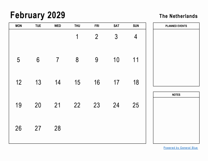 February 2029 Printable Monthly Calendar with The Netherlands Holidays