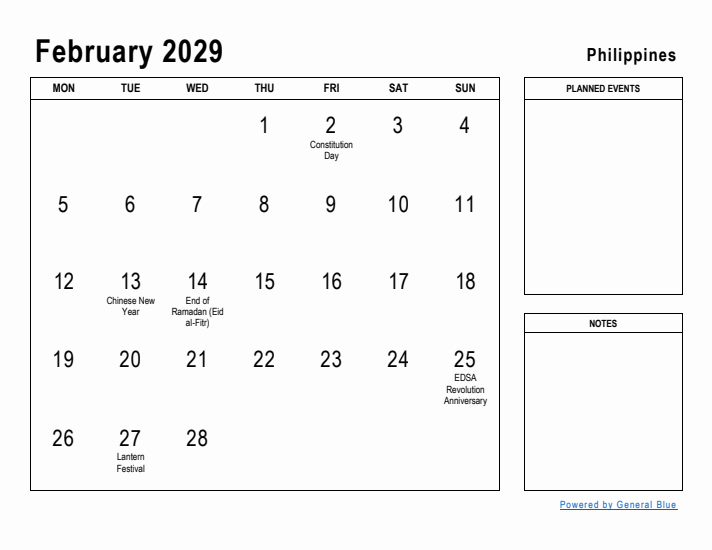 February 2029 Printable Monthly Calendar with Philippines Holidays