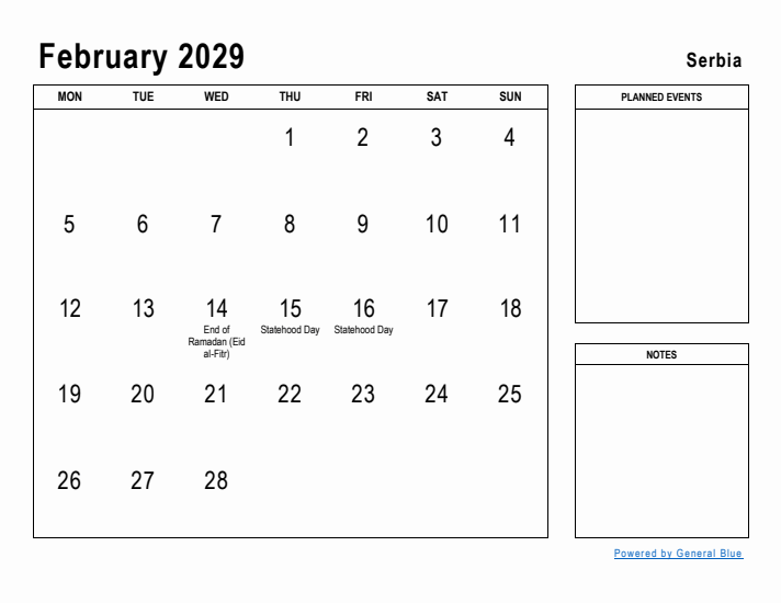 February 2029 Printable Monthly Calendar with Serbia Holidays