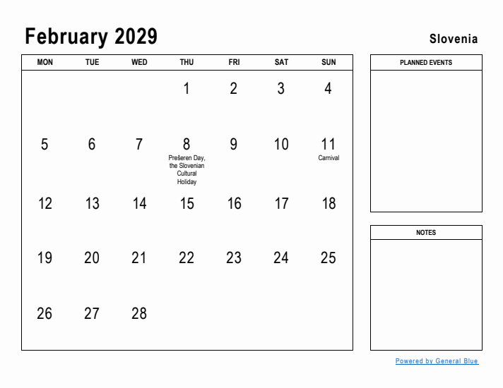 February 2029 Printable Monthly Calendar with Slovenia Holidays