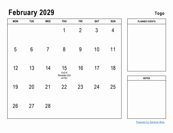 February 2029 Printable Monthly Calendar with Togo Holidays